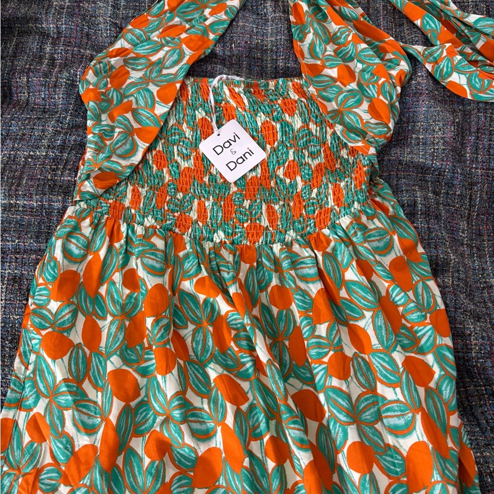 DAVI & DANI Orange and Teal Floral Halter Dress